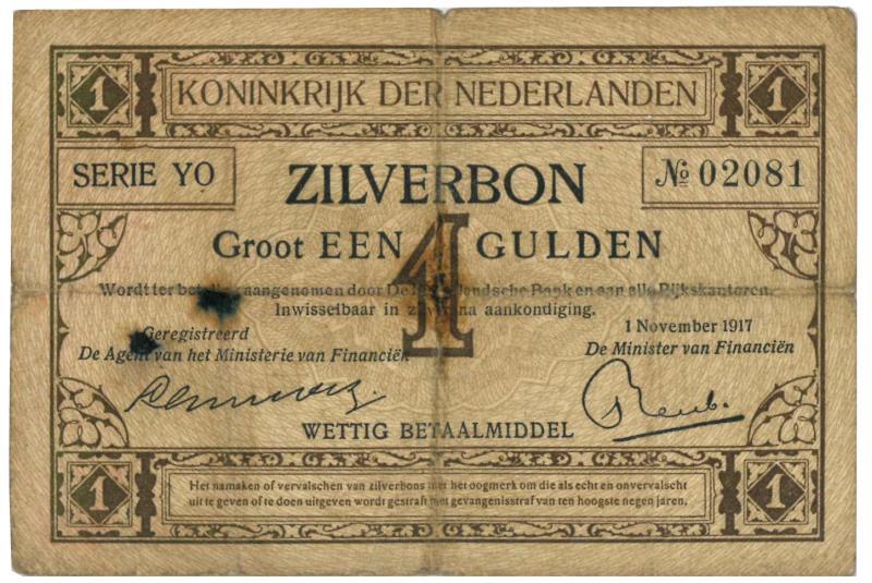 Nederland. 1 gulden. Zilverbon. Type 1917. - Very good.