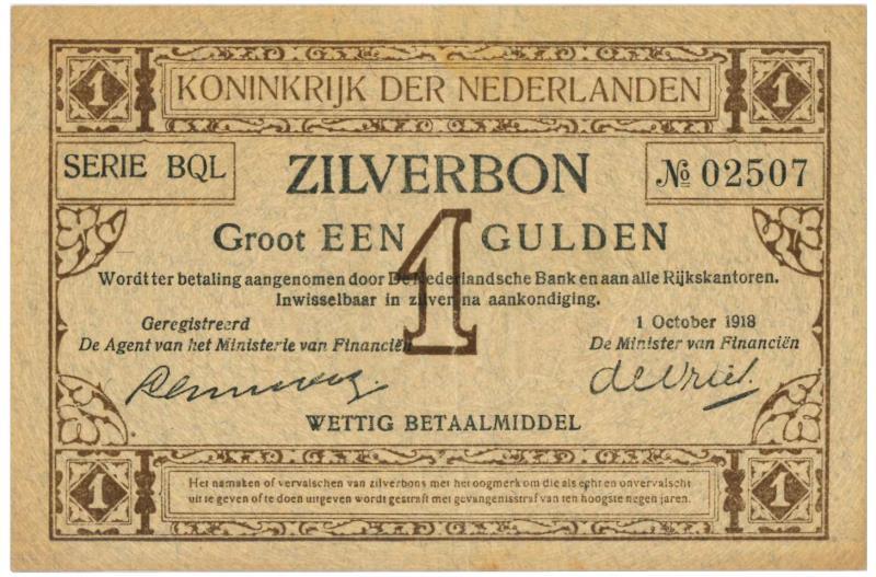 Nederland. 1 gulden. Zilverbon. Type 1916. - Prachtig.