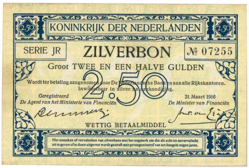 Nederland. 2½ gulden. Zilverbon. Type 1915. - Zeer Fraai +.