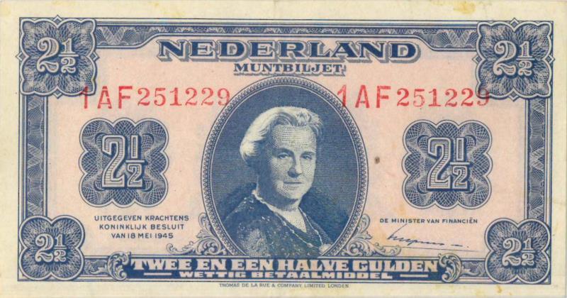 Nederland. 2½ gulden. Muntbiljet. Type 1945. - Zeer Fraai / Prachtig.