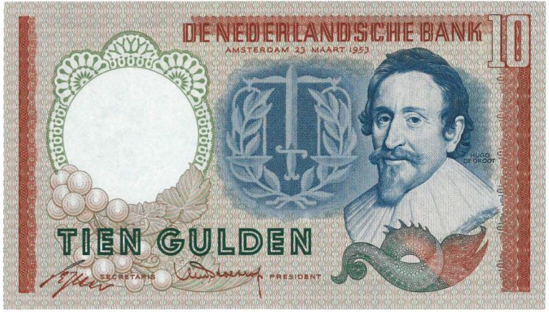 Nederland. 10 gulden. Bankbiljet. Type 1953. Hugo de Groot - Zeer Fraai / Prachtig.