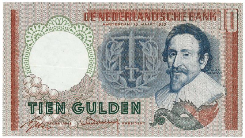 Nederland. 10 gulden. Bankbiljet. Type 1953. Hugo de Groot - Zeer Fraai.