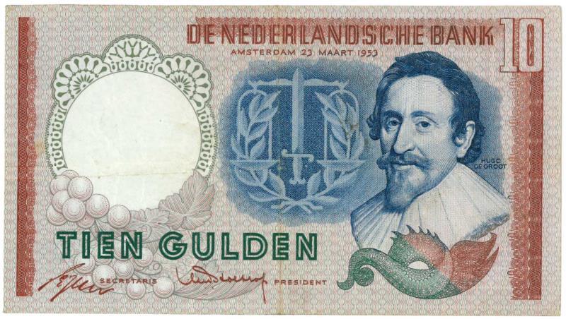 Nederland. 10 gulden. Bankbiljet. Type 1953. Hugo de Groot - Fraai / Zeer Fraai.