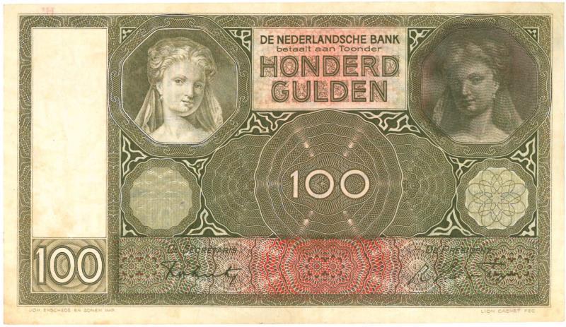 Nederland. 100 gulden. Bankbiljet. Type 1930. Luitspelende vrouw - Zeer Fraai.