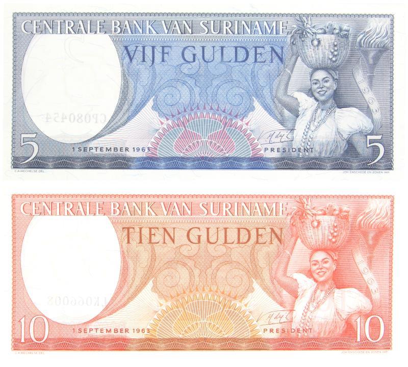 Suriname. 5 and 10 gulden. Banknotes. Type 1963. - UNC.