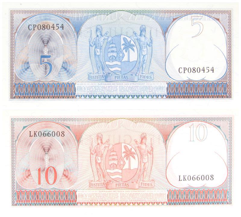 Suriname. 5 and 10 gulden. Banknotes. Type 1963. - UNC.