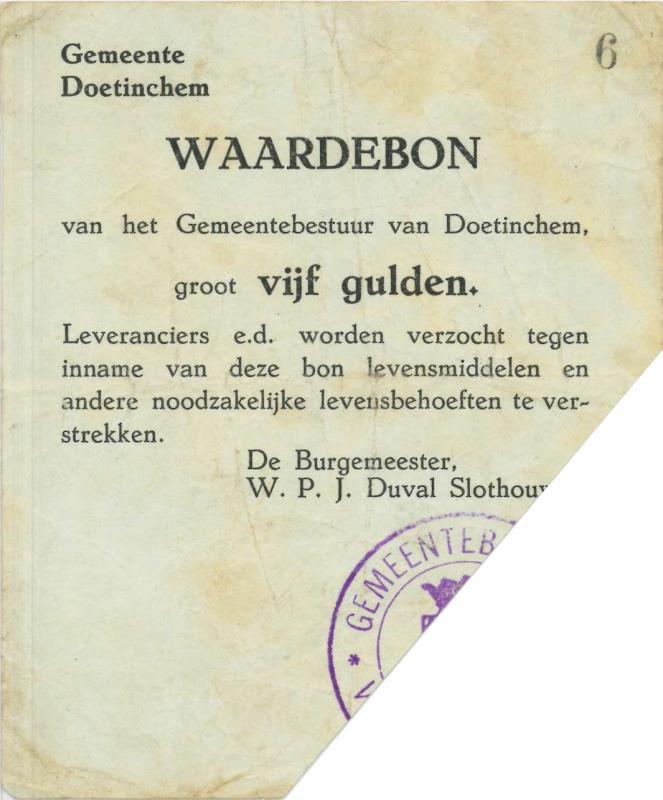 Nederland. 5 gulden. Waardebon. Type 1940. Doetinchem - Very Fine.