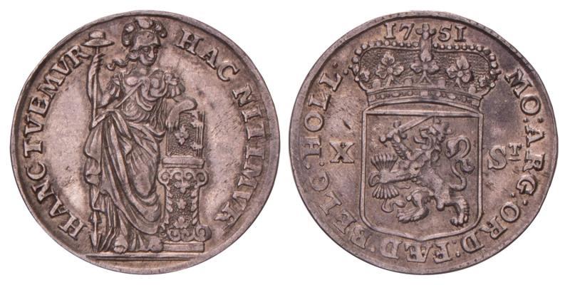 10 Stuiver Holland 1751. Zeer Fraai / Prachtig.