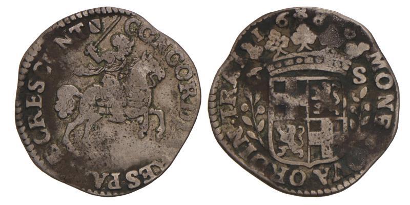 Rijderschelling van 6 stuiver Utrecht 1686. Fraai +.
