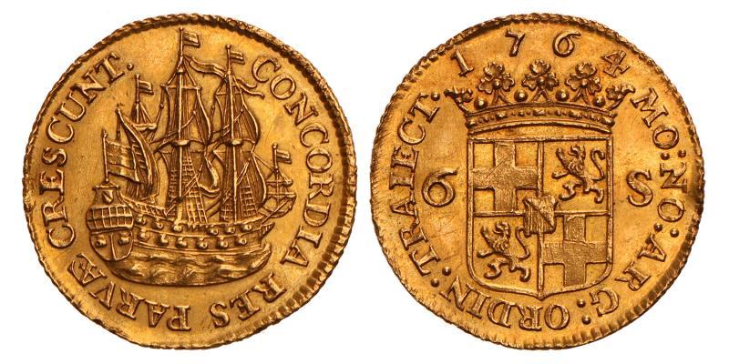 Scheepjesschelling van 6 stuiver afslag in goud Utrecht 1764 U. Prachtig.