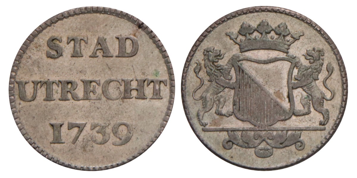 Duit, afslag in zilver Utrecht Stad 1739. Zeer Fraai / Prachtig.