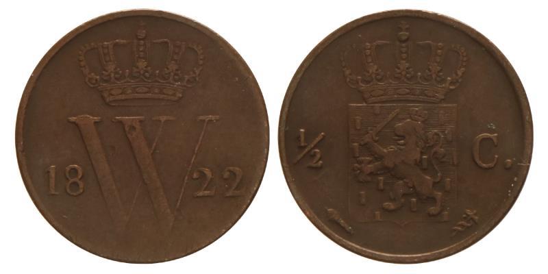 ½ Cent Willem I 1822 U. Zeer Fraai / Prachtig.