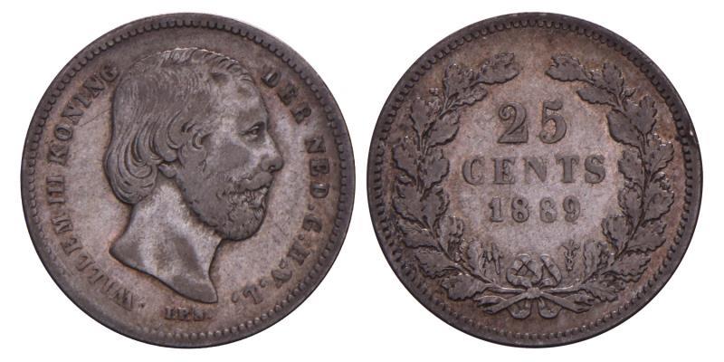 25 Cent Willem III 1889. Fraai / Zeer Fraai.