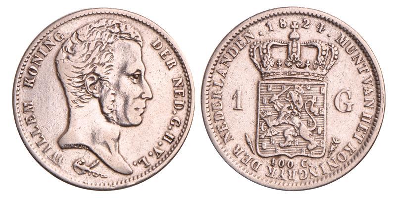 1 Gulden Willem I 1824 U Streepje. Zeer Fraai.