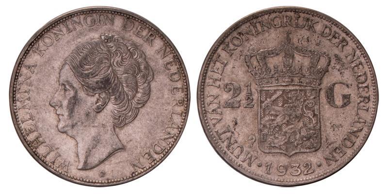 2½ Gulden Wilhelmina 1932 Grofhaar. Prachtig.