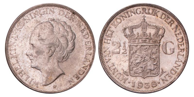 2½ Gulden Wilhelmina 1938 grofhaar. Prachtig.