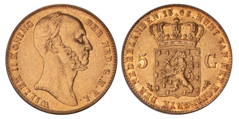 5 Gulden goud Willem II 1843. Fraai / Zeer Fraai.