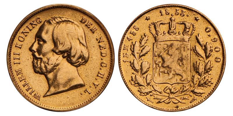 20 Gulden goud negotiepenning Willem III 1853. Fraai / Zeer Fraai.