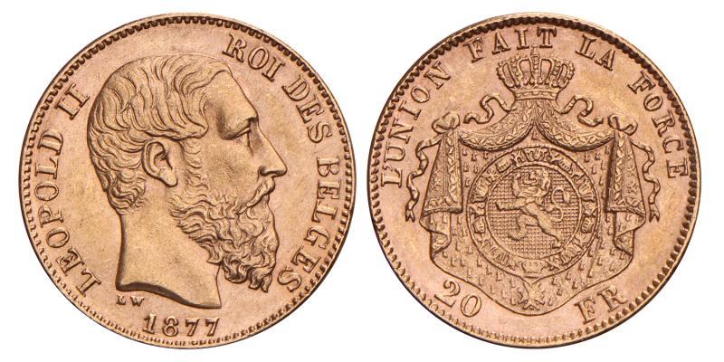 Belgium. Leopold II. 20 Francs. 1877.