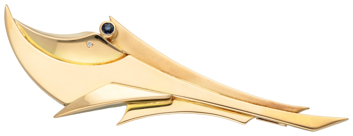 18K Geelgouden moderne broche met saffier en diamant.