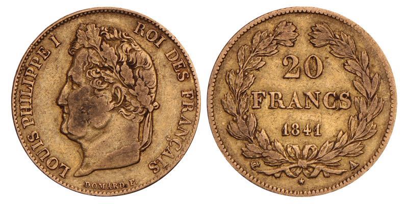 France. Louis Phillippe I. 20 Francs. 1841 A.