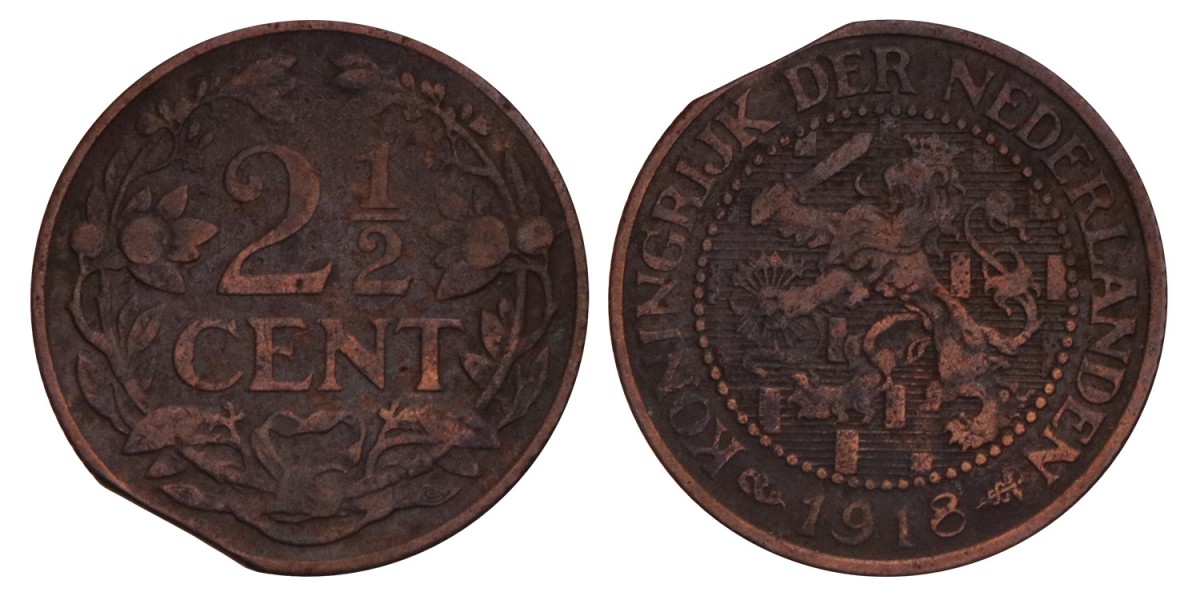 2½ Cent Wilhelmina 1918 einde muntplaat.