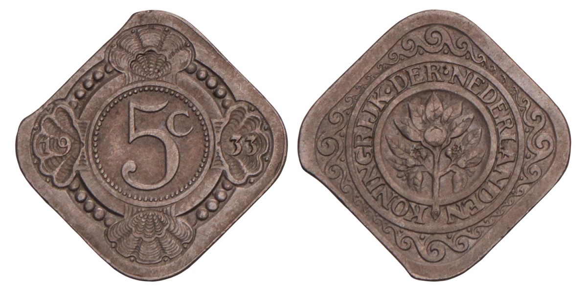 5 Cent Wilhelmina 1933 einde muntplaat.