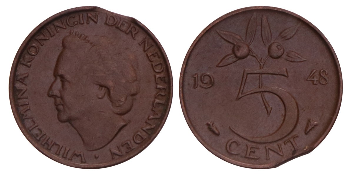 5 Cent Wilhelmina 1948 einde muntplaat.