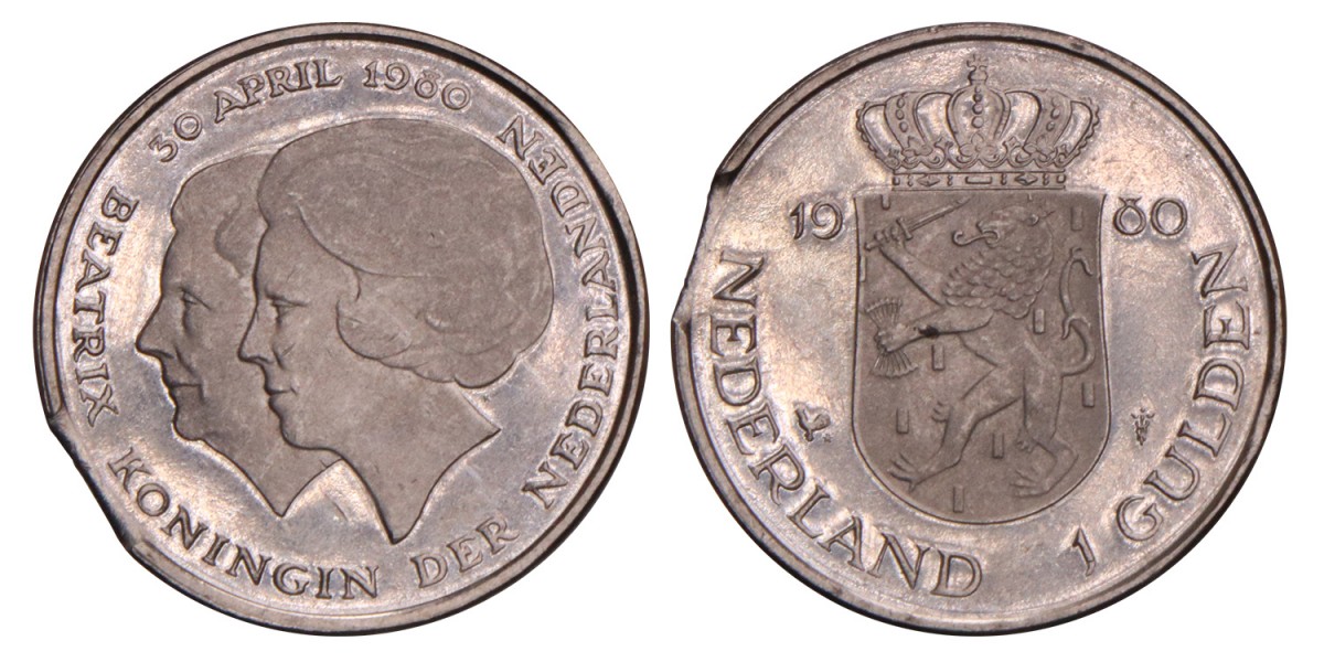 1 Gulden Juliana 1980 dubbele kop einde muntplaat.