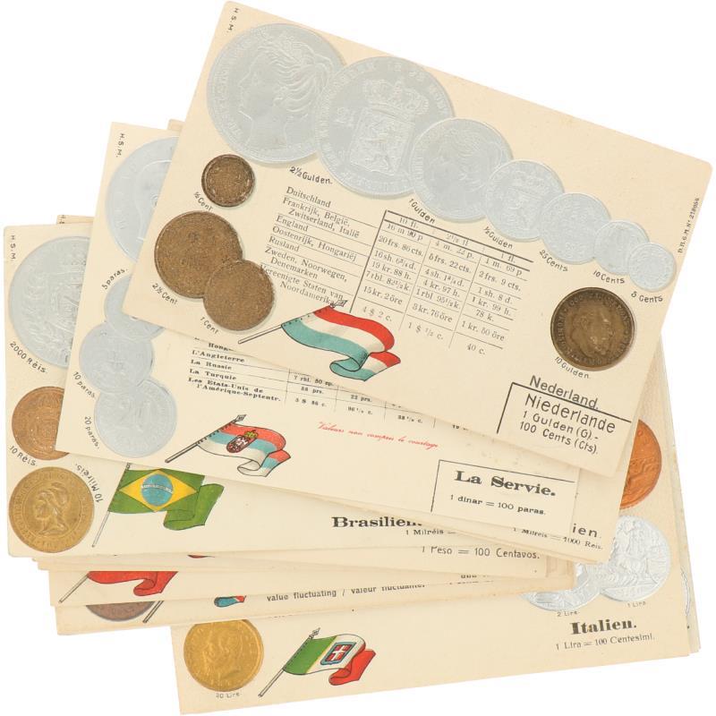 World. Lot (15) Postcards with coins of the world.