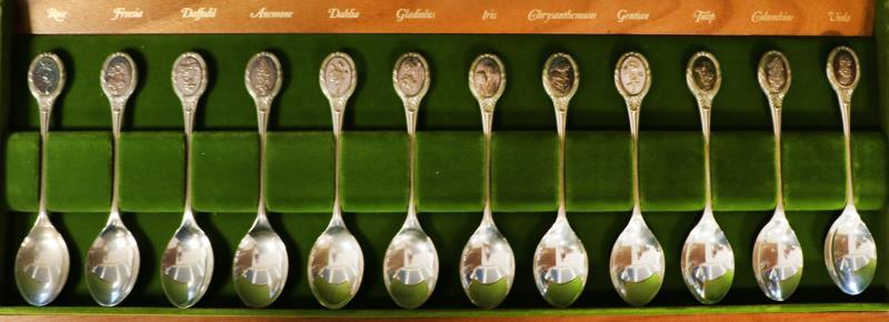 (12) Delige set Bloemen lepeltjes zilver.