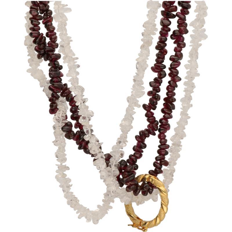 Tweerijig collier koperlegering, bergkristal en granaat.
