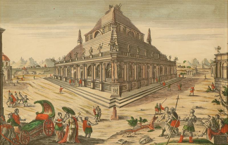 Oudtijds gekleurde kopergravure zgn. optica prent met titel in spiegelbeeld boven de prent. 