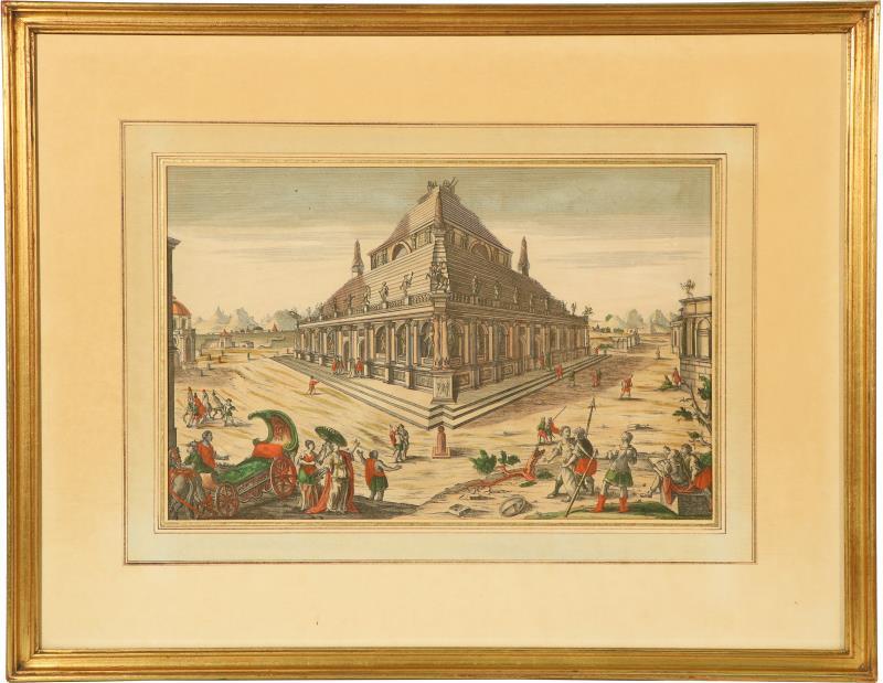 Oudtijds gekleurde kopergravure zgn. optica prent met titel in spiegelbeeld boven de prent. 