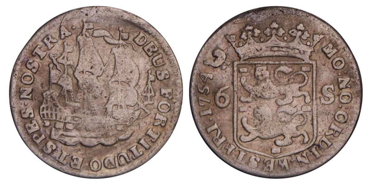 Scheepjesschelling van 6 stuiver West-Friesland 1754. Fraai +.