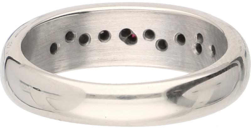 Marc Lange ring witgoud, ca. 0.13 ct. witte en champagne diamant en robijn - 14 kt.