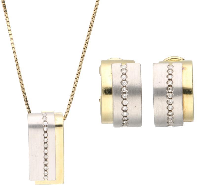 Set van collier en oorbellen bicolor goud, ca. 0.20 ct. diamant - 14 kt.