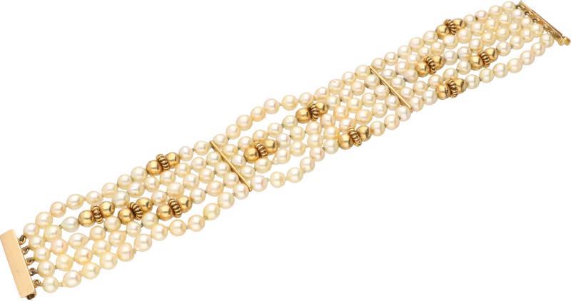 Armband met geelgouden sluiting en tussenstukken, cultivé parel - 18 kt.