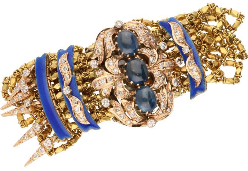 Antieke armband bicolor goud, ca. 0.96 ct. diamant, saffier en blauw geëmailleerd - 14 kt.