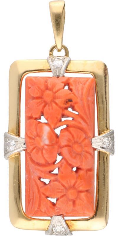 Hanger bicolor goud, ca. 0.12 ct. diamant en gesneden bloedkoraal - 18 kt. en Pt 950.