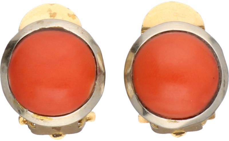 Oorbellen bicolor goud, bloedkoraal - 14 kt.