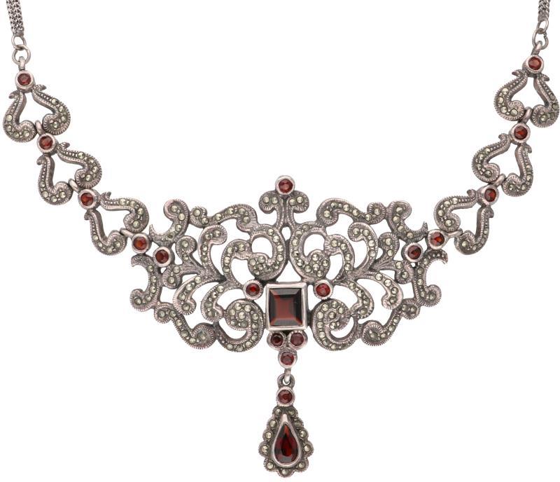 Collier zilver, granaat en markasiet - 925/1000.