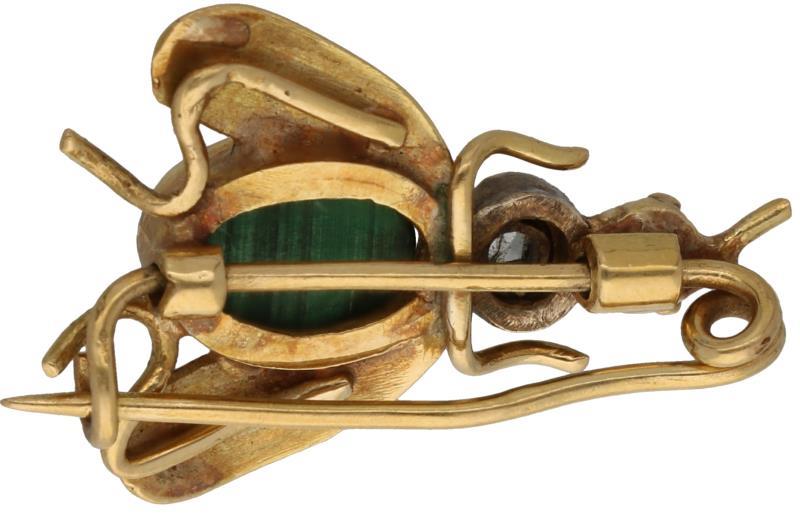 Broche wesp geelgoud, diamant en malachiet - 14 kt.