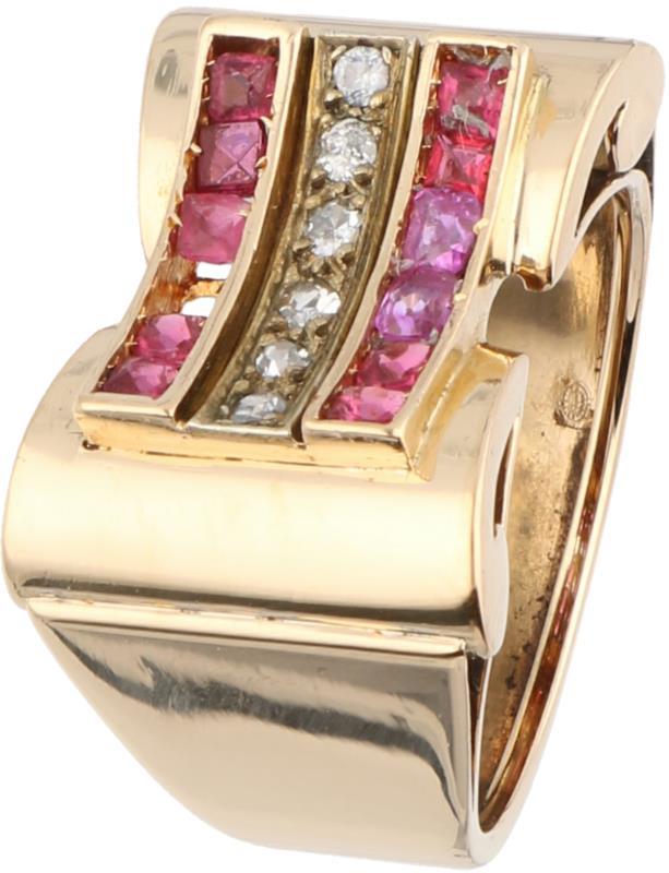 Tankring geelgoud, ca. 0.03 ct. diamant en robijn - 14 kt.