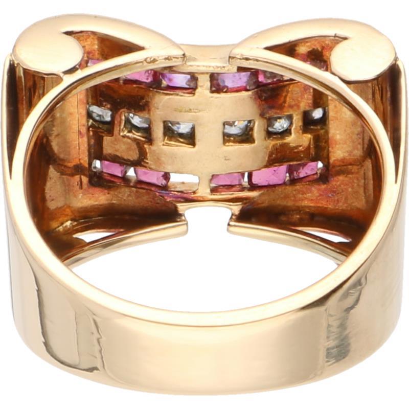 Tankring geelgoud, ca. 0.03 ct. diamant en robijn - 14 kt.