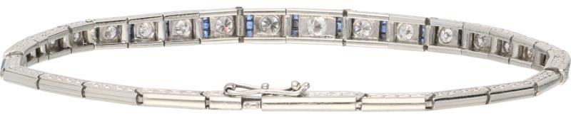 Armband witgoud, ca. 0.91 ct. diamant en saffier - 18 kt.