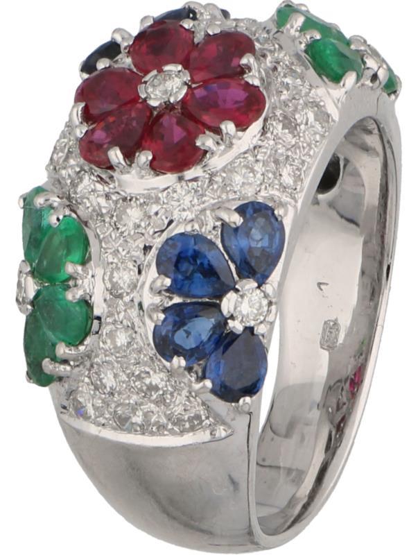 Cocktailring witgoud, ca. 0.35 ct. diamant, saffier, robijn en smaragd - 18 kt.