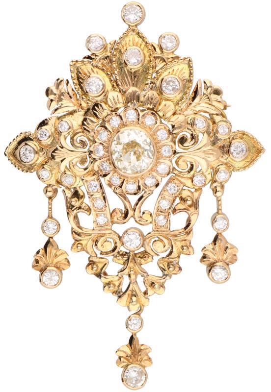 Broche geelgoud, ca. 4.50 ct. diamant - 14 kt.