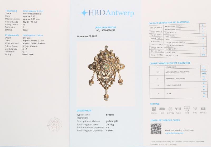 Broche geelgoud, ca. 4.50 ct. diamant - 14 kt.
