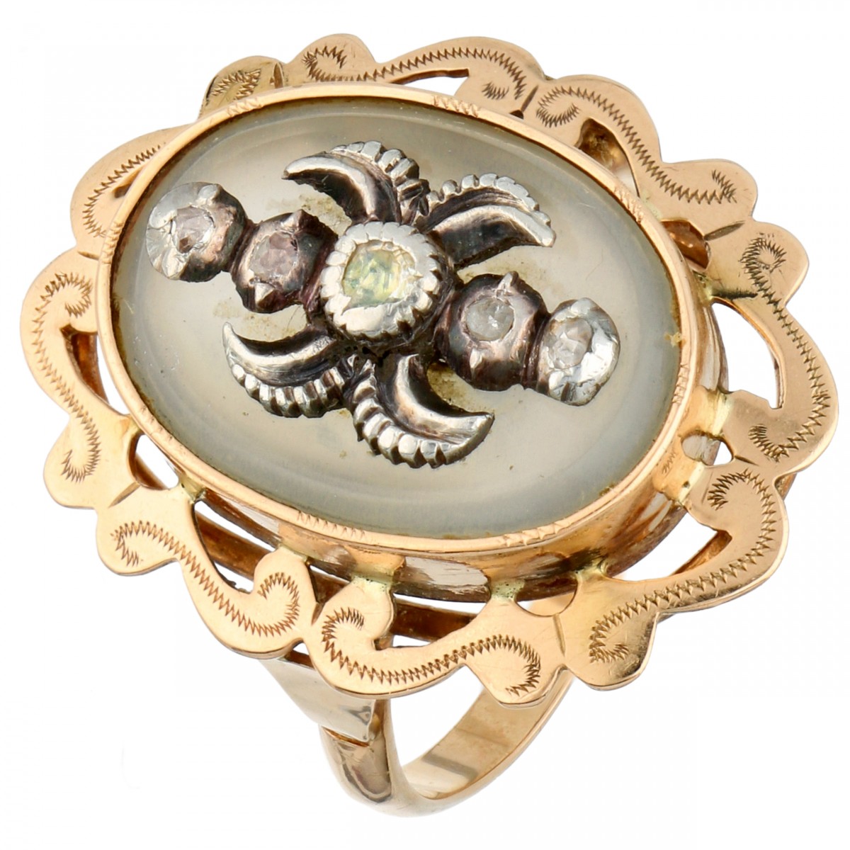 Rosegouden ring, met 5 roos geslepen diamanten - 14 kt.